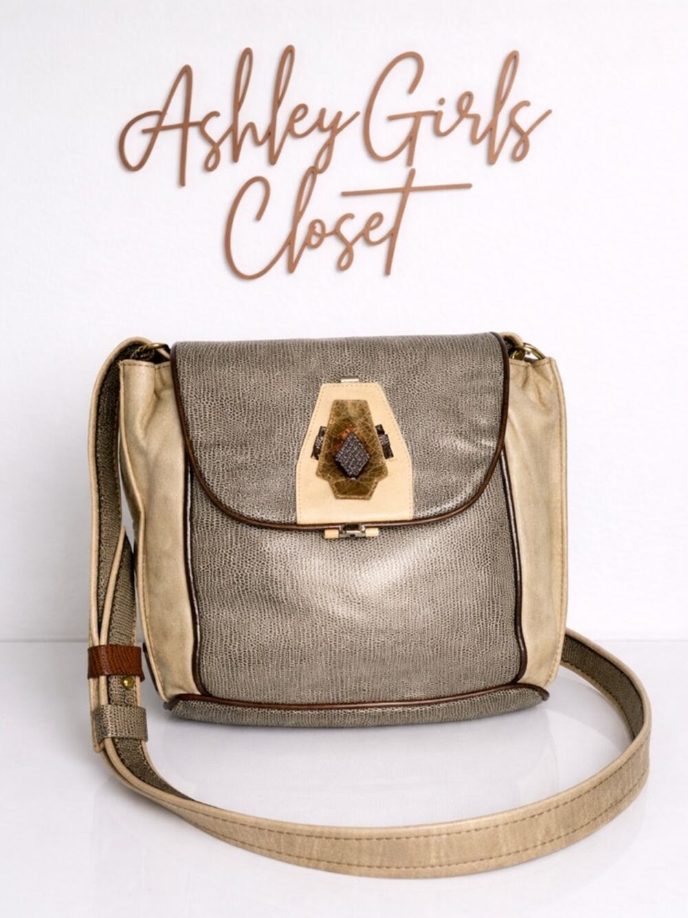 Mila Paoli Leather Crossbody Bag Lizard Embossed Gold Brown Boho Luxe Medium